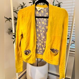 Anthropologie HWR Yellow Women's sweater cardigan with Patterned Lining